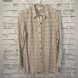 NWT! Women’s J.Jill 100% rayon plaid print cream colored  tunic blouse Small